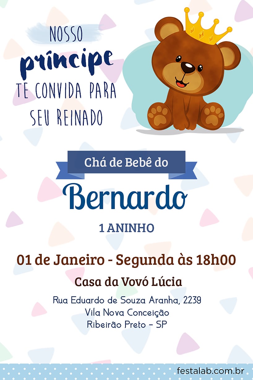 Convite Chá De Bebê Urso Príncipe