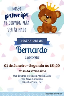 Modelo de Convite de Cha de bebe - Ursinho Convite Ursinho grátis para editar