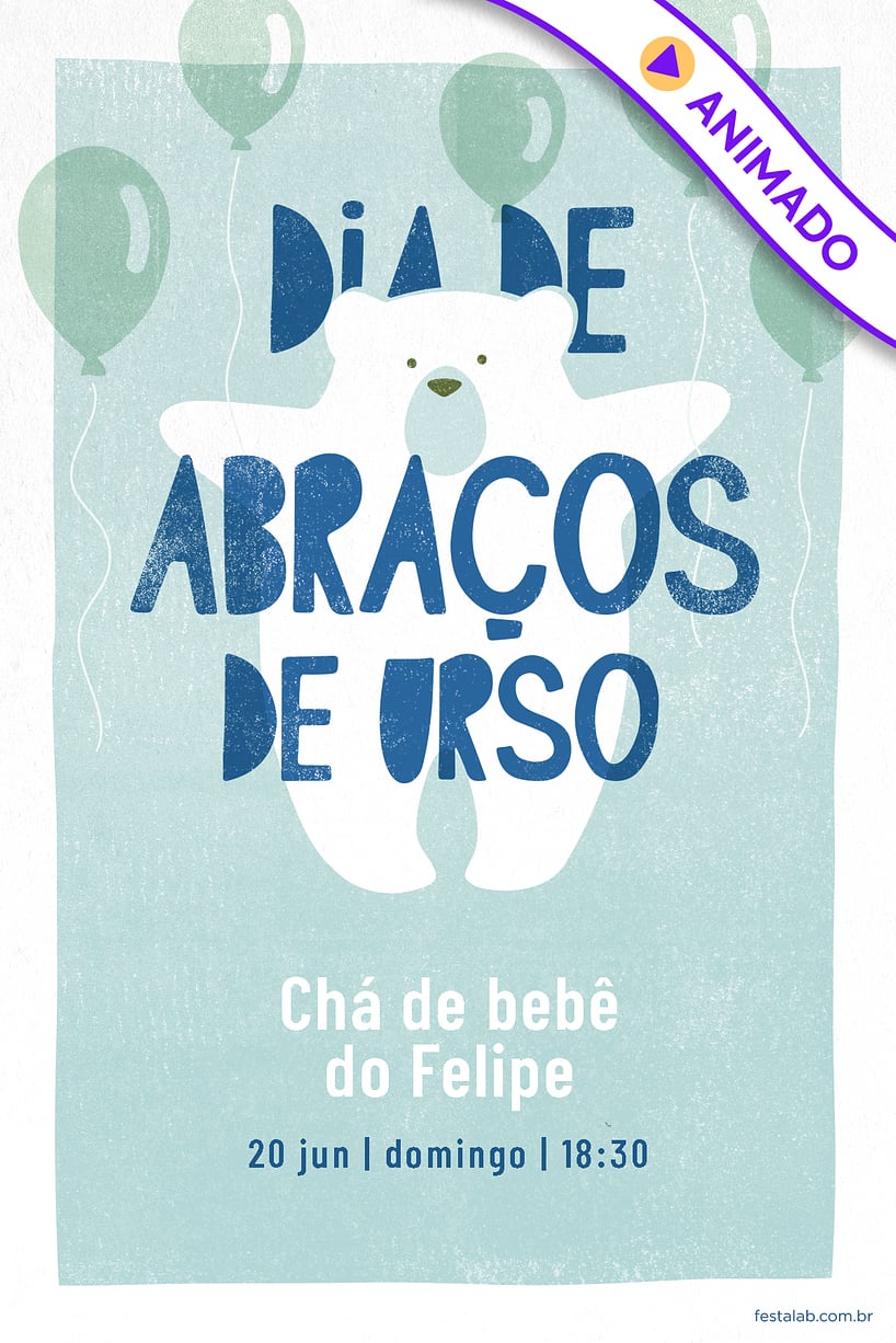 Convite de Cha de bebe - Ursinho Com Baloes Azul