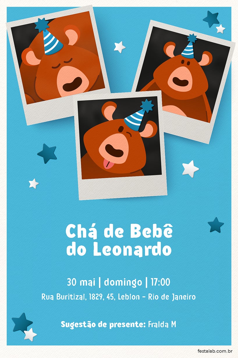 Convite de Cha de bebe - Ursinho Festa Azul