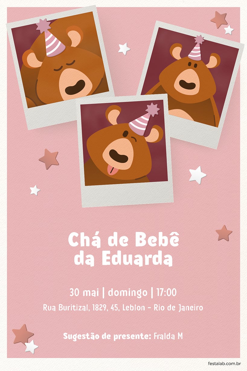 Convite de Cha de bebe - Ursinho Festa Rosa