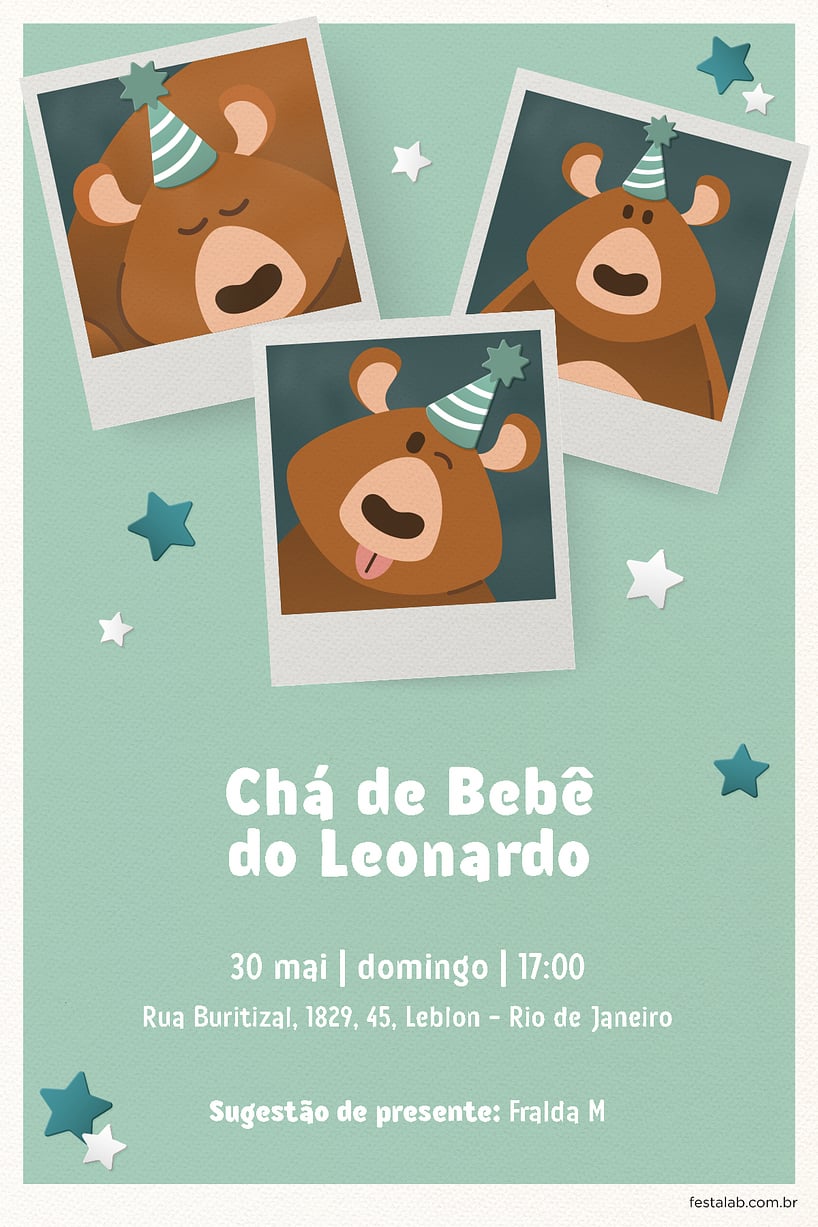 Convite de Cha de bebe - Ursinho Festa Verde