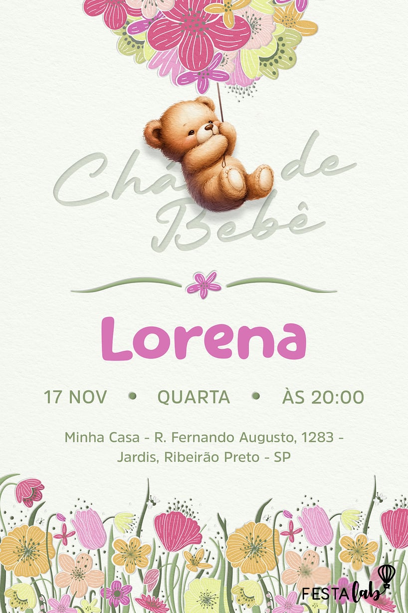 Criar convite de Chá de bebê - Ursinho Florido| FestaLab