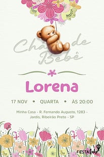 Modelo de Convite de Cha de bebe - Ursinho Florido Convite Ursinho Florido grátis para editar