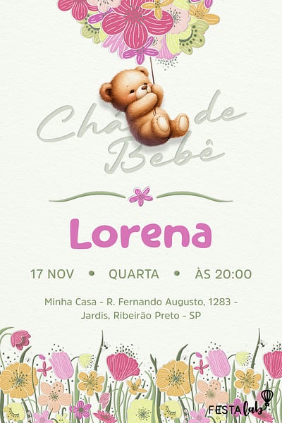 Modelo de Convite de Cha de bebe - Ursinho Florido Convite Ursinho Florido grátis para editar