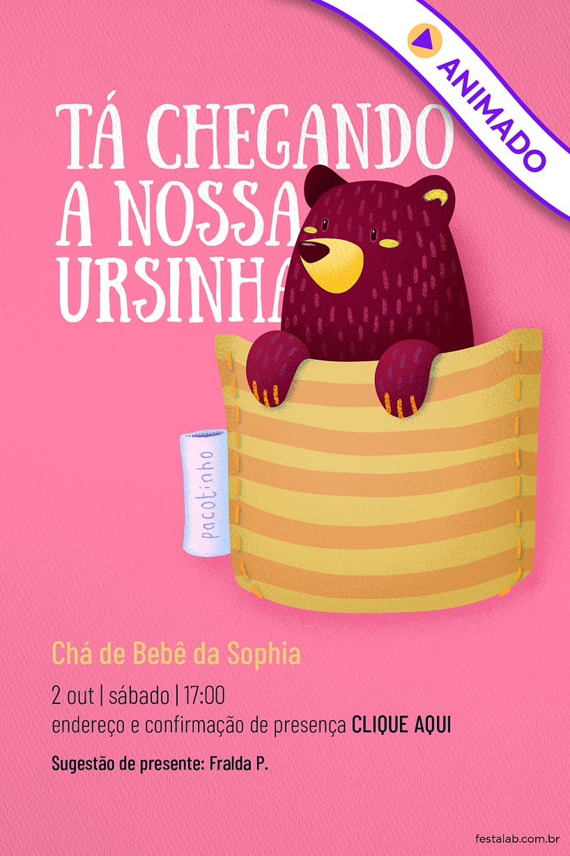 Convite Ursinho no Bolsinho Amarelo grátis para editar