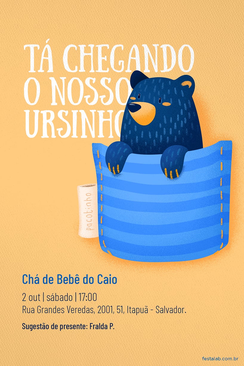 Criar convite de Chá de bebê - Ursinho no Bolsinho| FestaLab