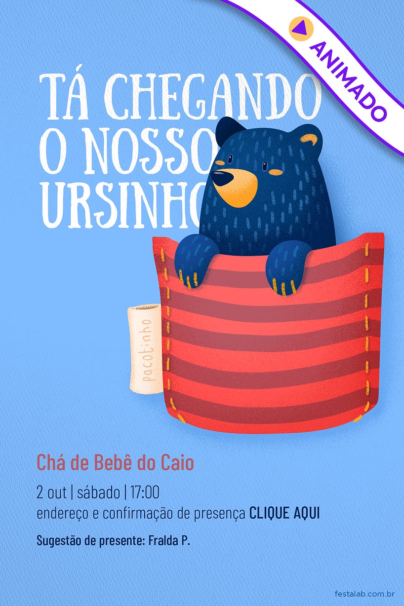 Convite de Cha de bebe - Ursinho no Bolsinho vermelho