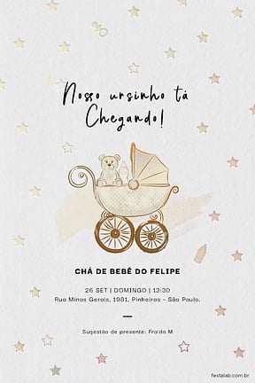 Modelo de Convite de Cha de bebe - Ursinho no Carrinho Convite de Cha de bebe - Ursinho no Carrinho
