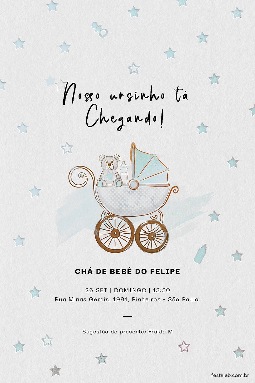 Convite de Cha de bebe - Ursinho no Carrinho