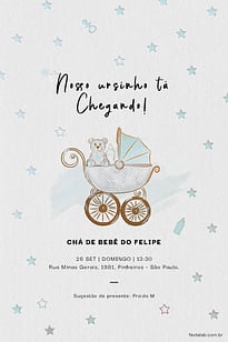 Modelo de Convite de Cha de bebe - Ursinho no Carrinho Convite Ursinho no Carrinho grátis para editar