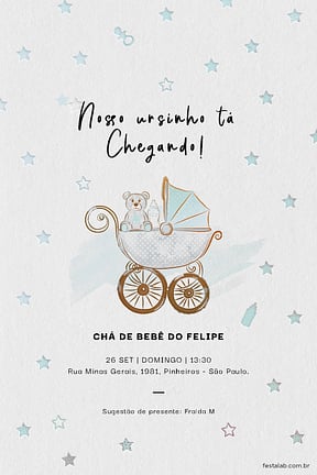 Modelo de Convite de Cha de bebe - Ursinho no Carrinho Convite de Cha de bebe - Ursinho no Carrinho