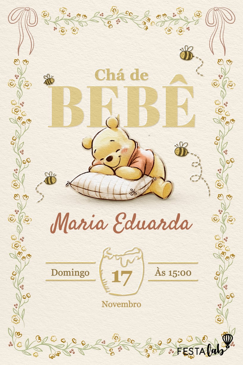 Convite de Cha de bebe - Ursinho Pooh Baby
