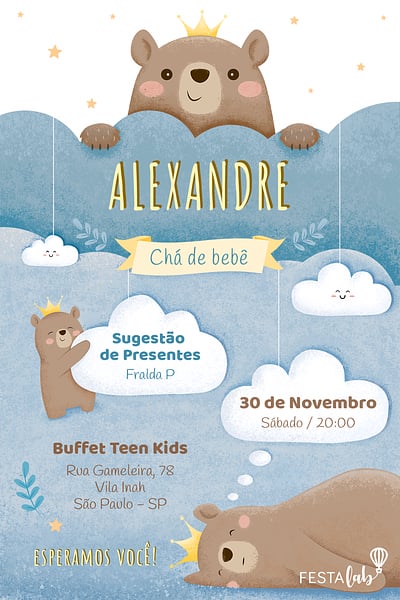 Criar convite de Chá de bebê - Ursinho Príncipe| FestaLab