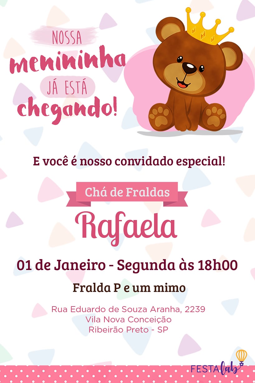 Modelo de Convite de Cha de bebe - Ursinho rosa Criar convite de Chá de bebê - Ursinho rosa| FestaLab