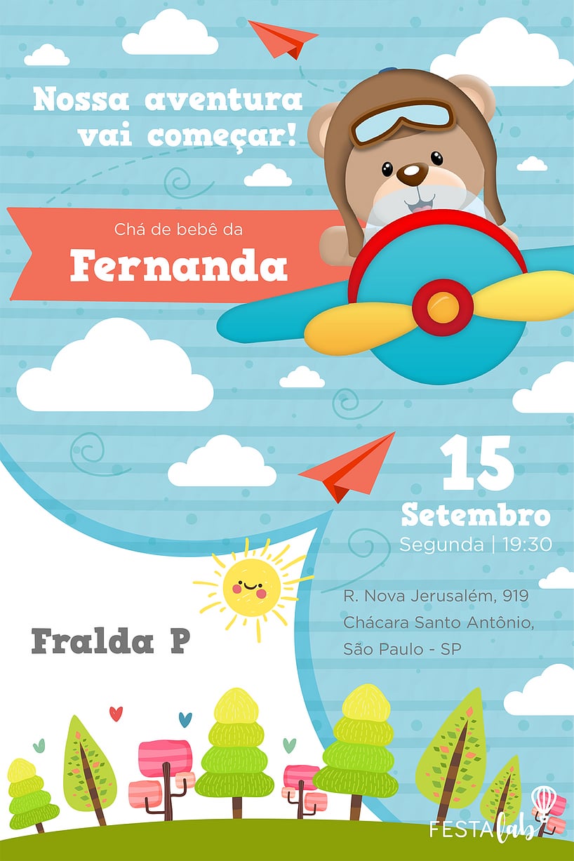 Convite Urso Aviador - Chá de bebê grátis para editar