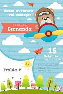 Modelo de Convite de Cha de bebe - Urso Aviador - Cha de bebe Convite Urso Aviador - Chá de bebê grátis para editar