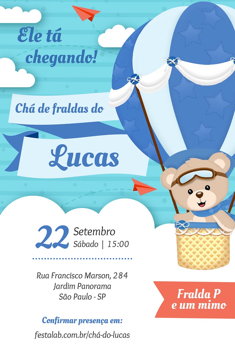 Convite Chá Bebê/ Fraldas - Modelo Bernardo e Lucas - Cha de Bebê/ Fraldas