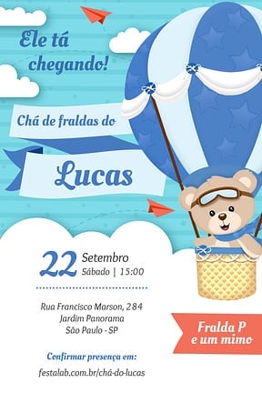 Modelo de Convite de Cha de bebe - Urso Baloeiro Convite de Cha de bebe - Urso Baloeiro