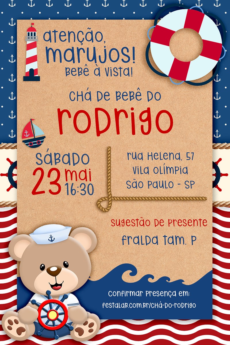 Criar convite de Chá de bebê - Urso Marinheiro| FestaLab