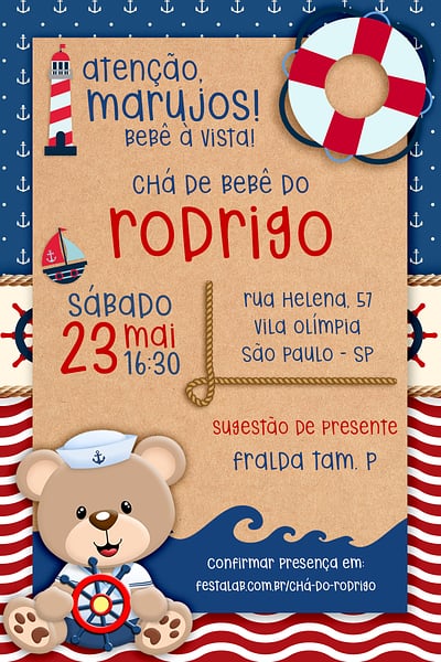 Modelo de Convite de Cha de bebe - Urso Marinheiro Convite Urso Marinheiro grátis para editar