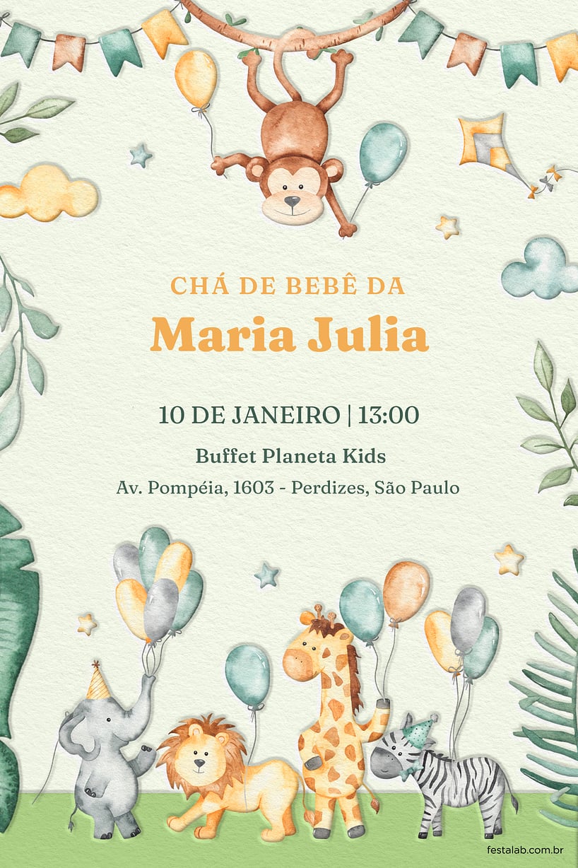 Convite de Cha de bebe - Zoologico amarelo