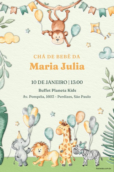 Modelo de Convite de Cha de bebe - Zoologico amarelo Convite Zoológico amarelo grátis para editar