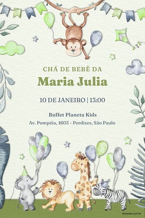 Modelo de Convite de Cha de bebe - Zoologico verde Convite de Cha de bebe - Zoologico verde