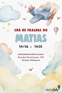 Modelo de Convite de Cha de fraldas - Aviaozinho aquarela delicado Convite Aviãozinho aquarela delicado grátis para editar