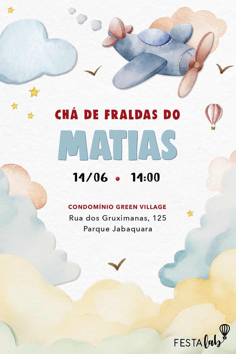 Modelo de Convite de Cha de fraldas - Aviaozinho aquarela delicado Convite Aviãozinho aquarela delicado grátis para editar