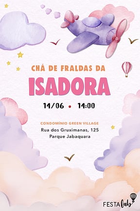 Modelo de Convite de Cha de fraldas - Aviaozinho rosa aquarelado Convite de Cha de fraldas - Aviaozinho rosa aquarelado