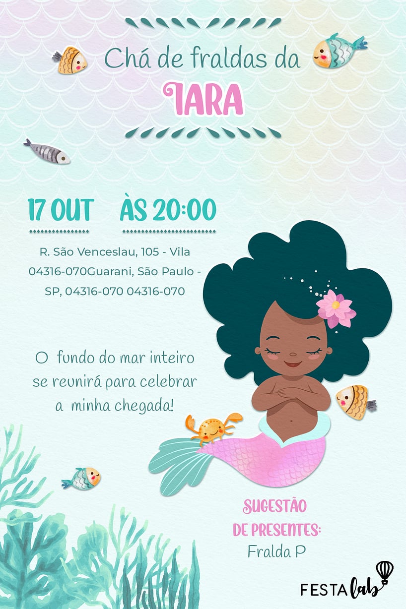 Convite de Cha de fraldas - Bebe Sereia Delicada