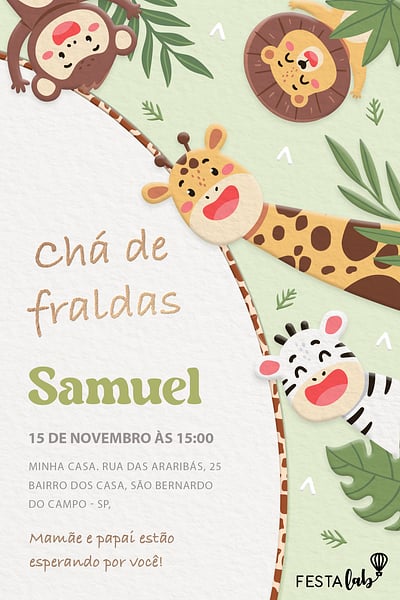 Criar convite de Chá de fraldas - Bicharada em Festa| FestaLab