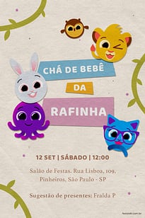 Modelo de Convite de Cha de fraldas - Bolofofos Selva Convite Bolofofos Selva grátis para editar
