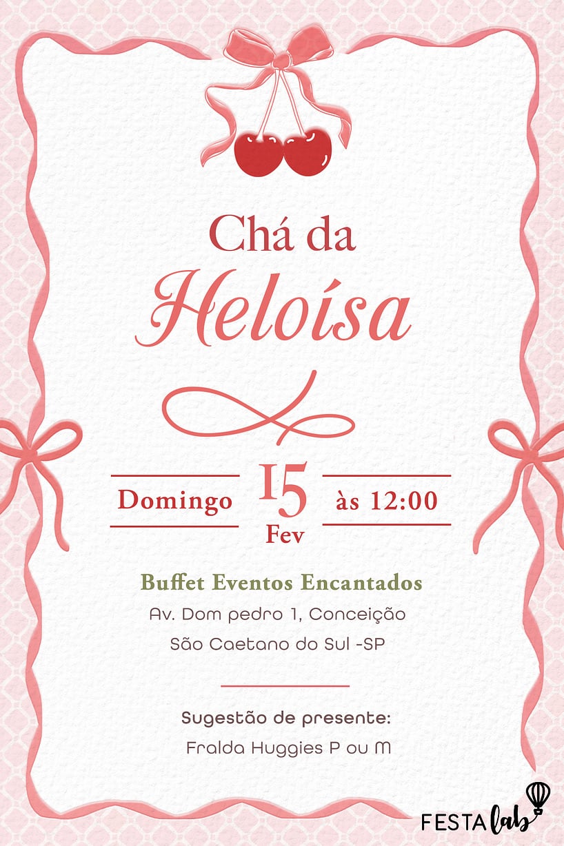Convite de Cha de fraldas - Cereja com laco