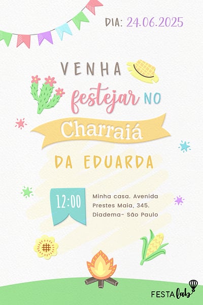 Criar convite de Chá de fraldas - Chá de Arraiá| FestaLab