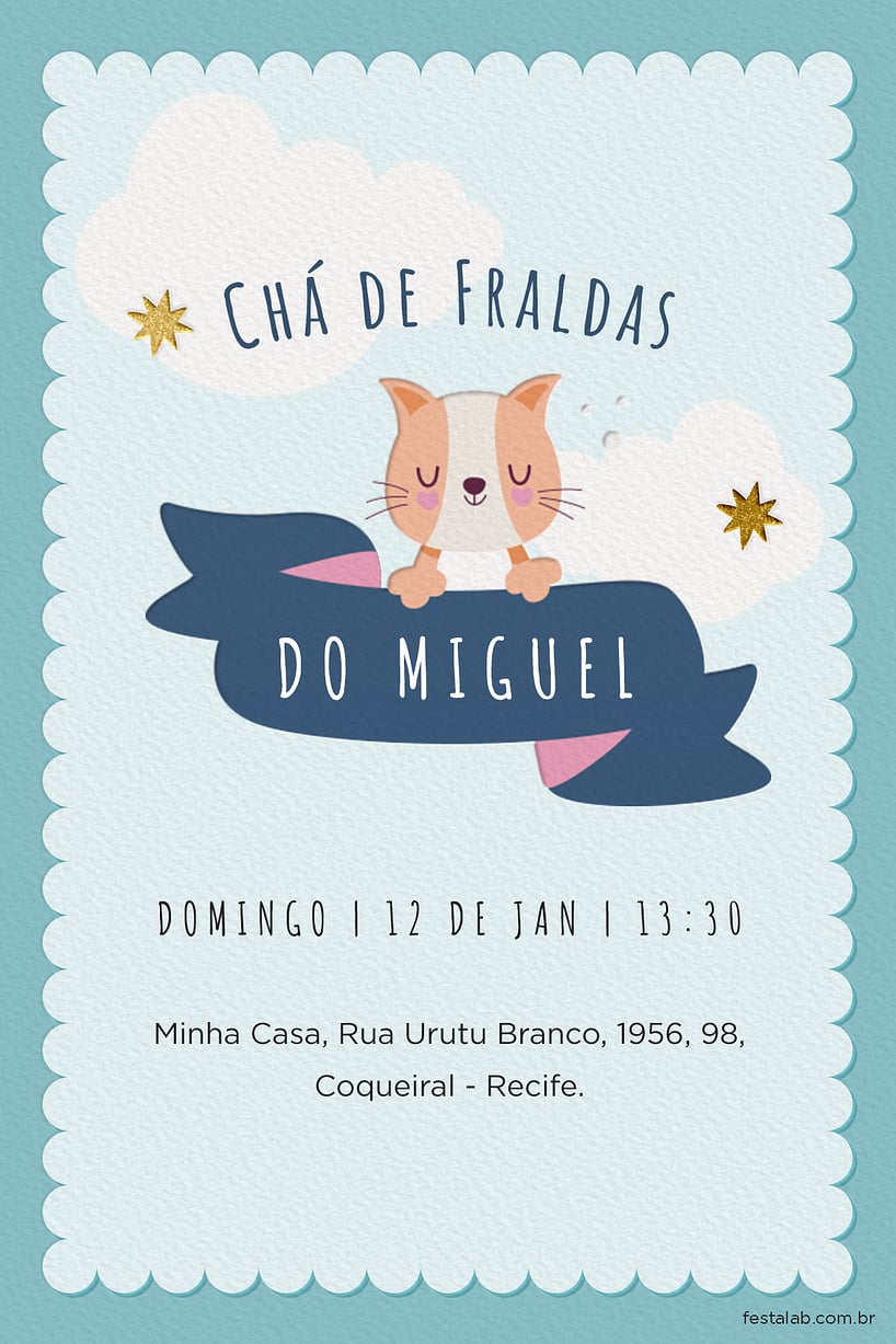 Modelo de Convite de Cha de fraldas - Cha de Fraldas gatinho Criar convite de Chá de fraldas - Chá Fraldas gatinho| FestaLab