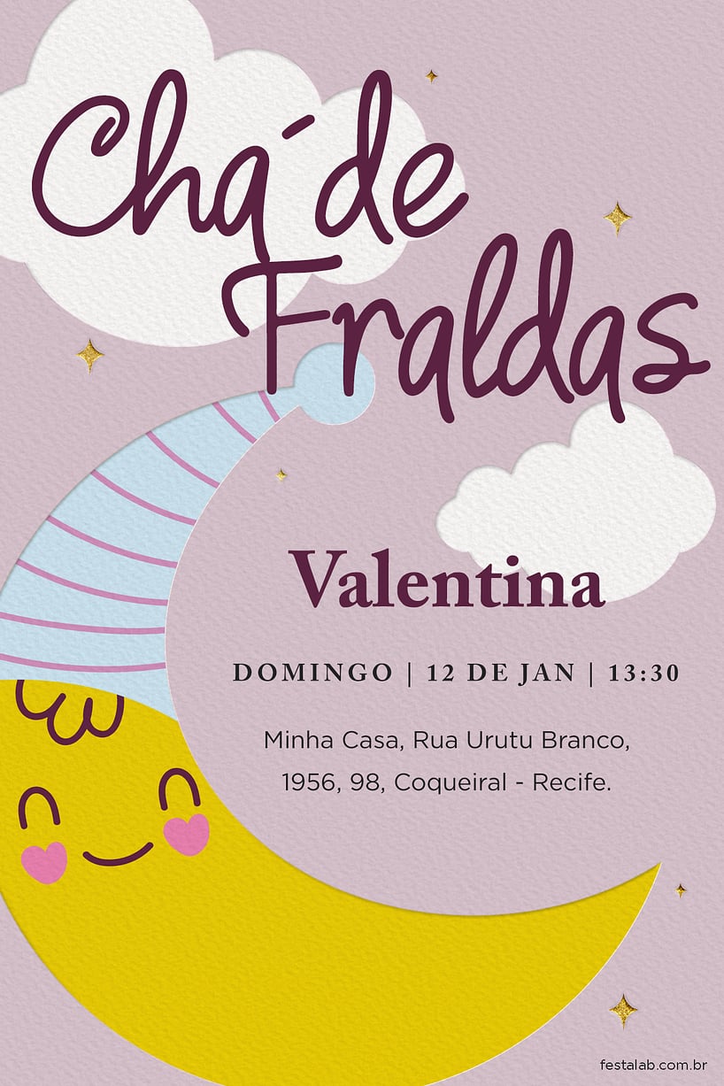 Modelo de Convite de Cha de fraldas - Cha de fraldas lua rosa Criar convite de Chá de fraldas - Chá Fraldas lua rosa| FestaLab