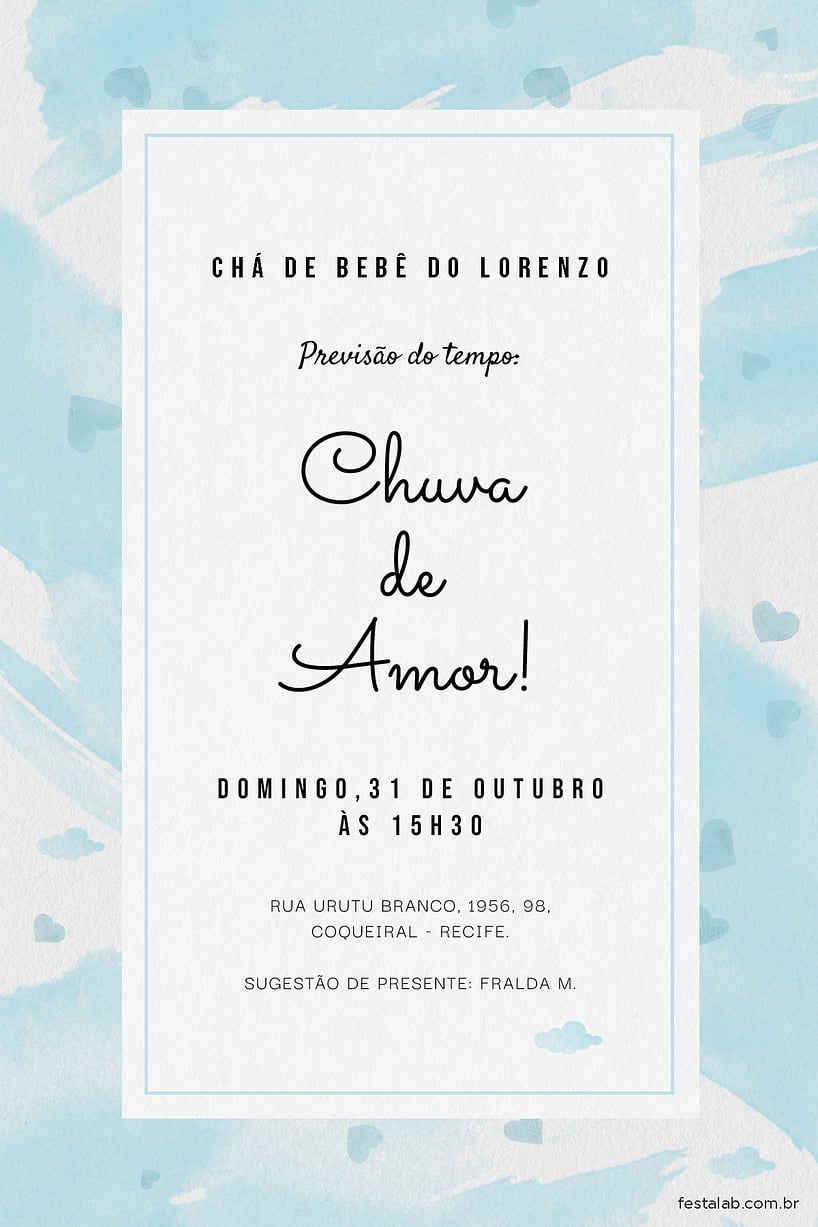Convite de Cha de fraldas - Chuva de Amor Aquarela Azul