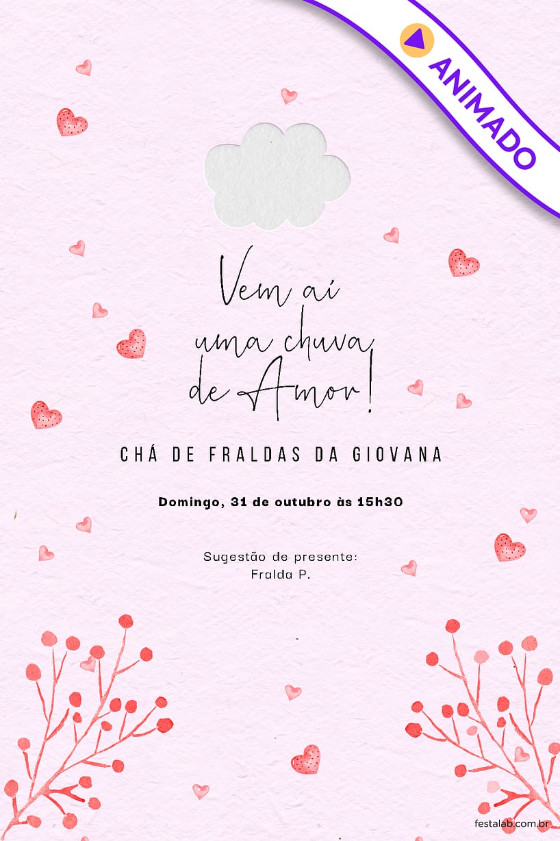 Modelo de Convite de Cha de fraldas - Chuva de Amor Rosa Chiclete Criar convite de Chá de fraldas - Chuva de Amor Rosa Chiclete| FestaLab