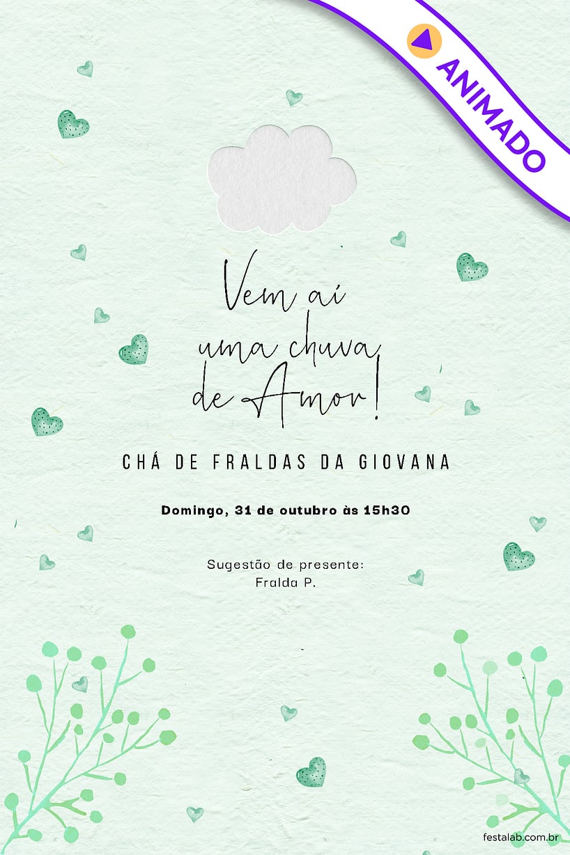 Modelo de Convite de Cha de fraldas - Chuva de Amor Verde Agua Criar convite de Chá de fraldas - Chuva de Amor Verde Água| FestaLab
