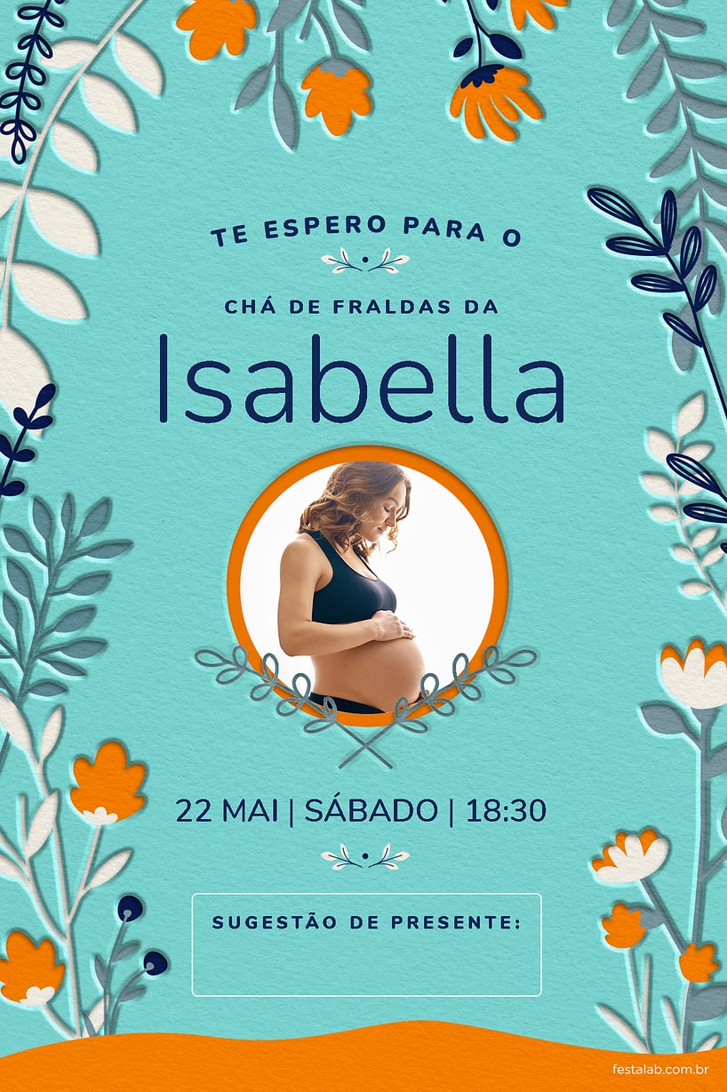 Convite de Cha de fraldas - Floral Azul e Laranja