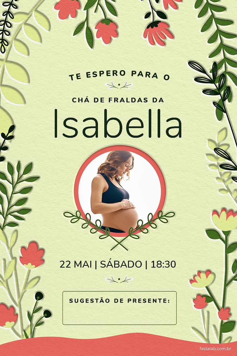 Criar convite de Chá de fraldas - Floral verde e rosa| FestaLab