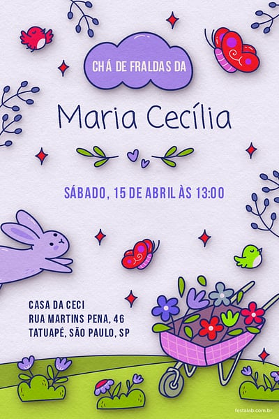Modelo de Convite de Cha de fraldas - No Reino das Flores: Lilas Convite No Reino das Flores: Lilás grátis para editar