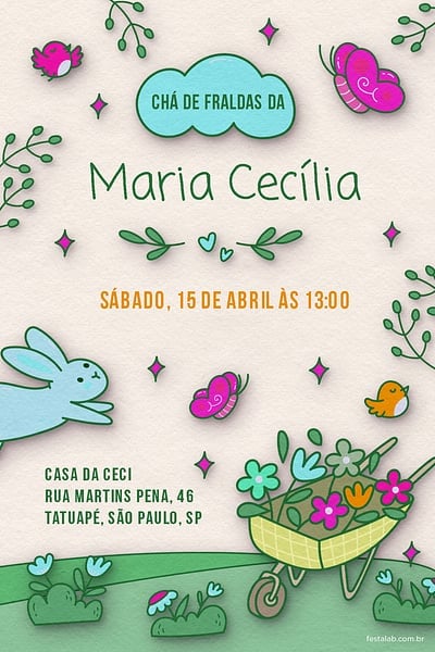 Modelo de Convite de Cha de fraldas - No Reino das Flores Convite No Reino das Flores grátis para editar