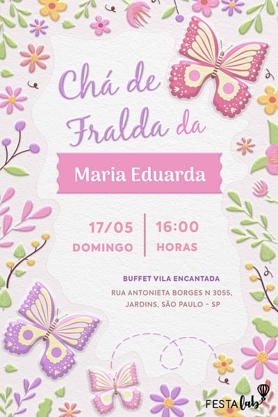 Modelo de Convite de Cha de fraldas - Jardim das flores Convite Jardim das flores grátis para editar