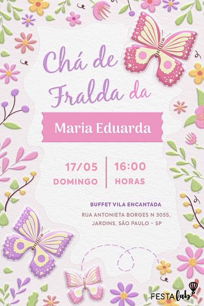 Criar convite de Chá de fraldas - Jardim das flores| FestaLab