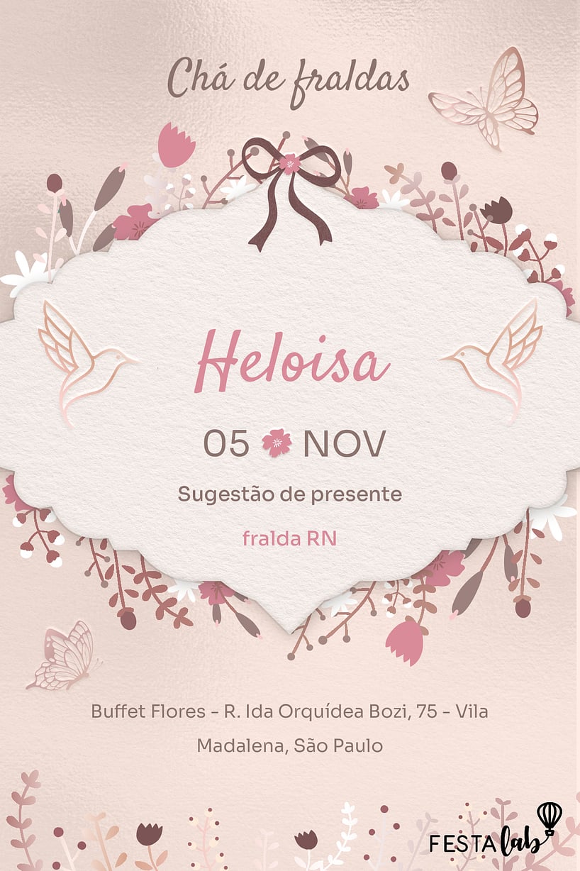 Criar convite de Chá de fraldas - Jardim dos Beija-flores| FestaLab