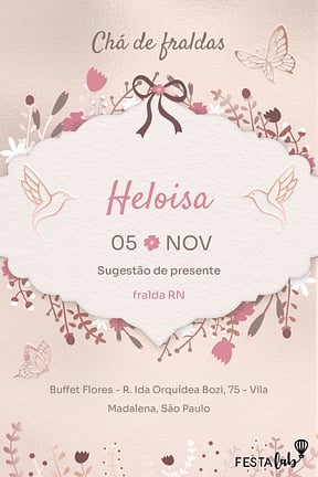Modelo de Convite de Cha de fraldas - Jardim dos Beija-flores Convite de Cha de fraldas - Jardim dos Beija-flores