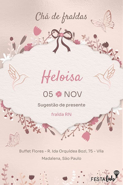 Modelo de Convite de Cha de fraldas - Jardim dos Beija-flores Convite Jardim dos Beija-flores grátis para editar